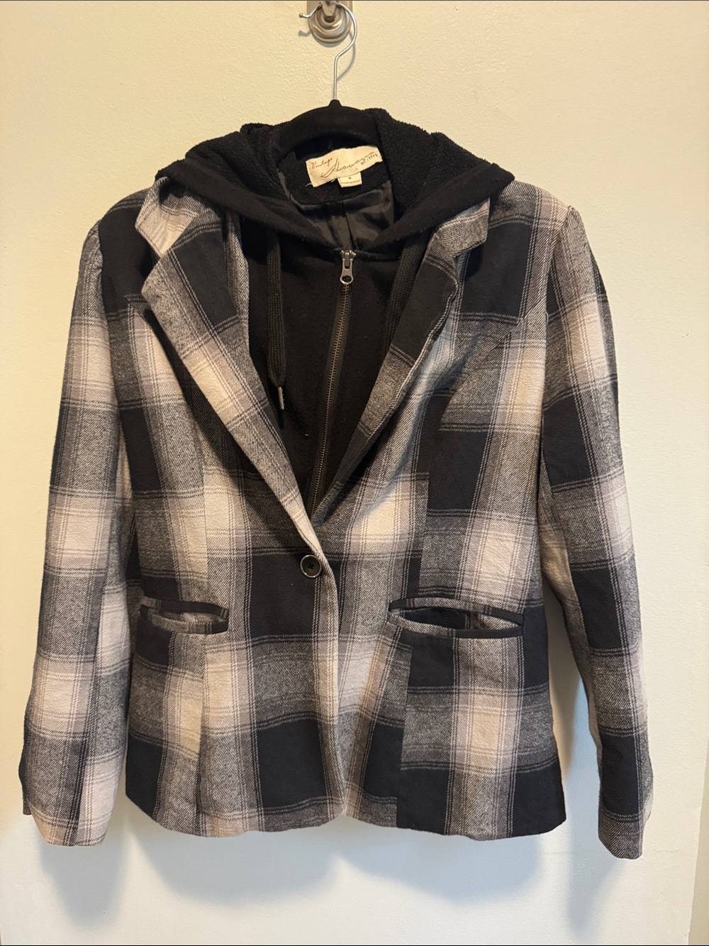 Vintage Havana Black & White Plaid Hooded Blazer